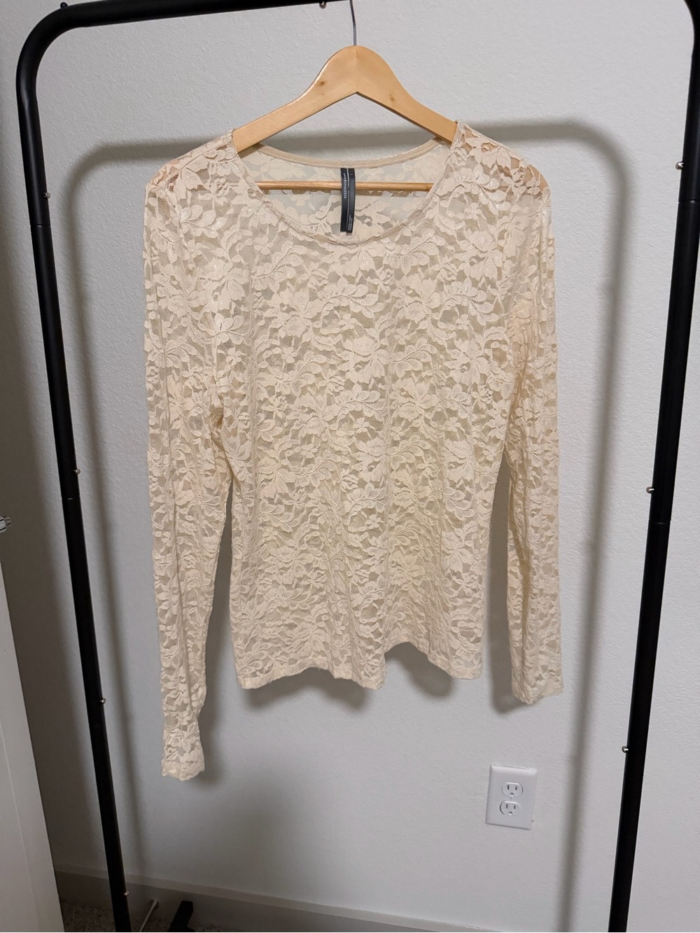 Anthropologie Ivory Sheer Floral Lace Fitted Long Sleeve Top L
